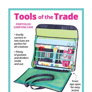 May include: A green and black fabric carrying case with a zippered front and multiple pockets. The case is open to reveal a variety of sewing tools and supplies. The text "Tools of the Trade" is at the top of the image. The text "Convenient carrying for oversized items!" is at the bottom of the image.