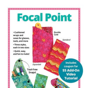May include: An advertisement for "Focal Point" cushioned wraps and cases. The image displays various styles, including a double case, flap case, and foldover wrap, in standard and mini sizes. The cases feature colorful floral and patterned designs. Text includes "Tool-Free Snaps!" and "Padded protection in a snap!"