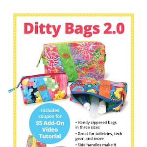 May include: Ditty Bags 2.0 sewing pattern featuring four colorful zippered bags with diagonal borders. The pattern includes a $5 add-on video tutorial. Great gifts for anyone on your list!