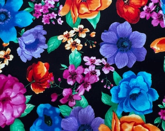 Colorful flower fabric remnant-flowers black background-1/4 yard-0.25 yards
