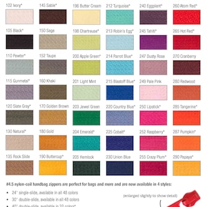 Pode incluir: Uma tabela de cores que mostra 48 cores diferentes de z&iacute;per. A tabela &eacute; dividida em linhas e colunas, com cada cor etiquetada com um n&uacute;mero e um nome. A tabela tamb&eacute;m inclui informa&ccedil;&otilde;es sobre os diferentes tipos de z&iacute;peres dispon&iacute;veis, como de uma s&oacute; corredi&ccedil;a, de duas corredi&ccedil;as e z&iacute;peres por jarda. A tabela &eacute; intitulada "Tabela de cores de z&iacute;peres".