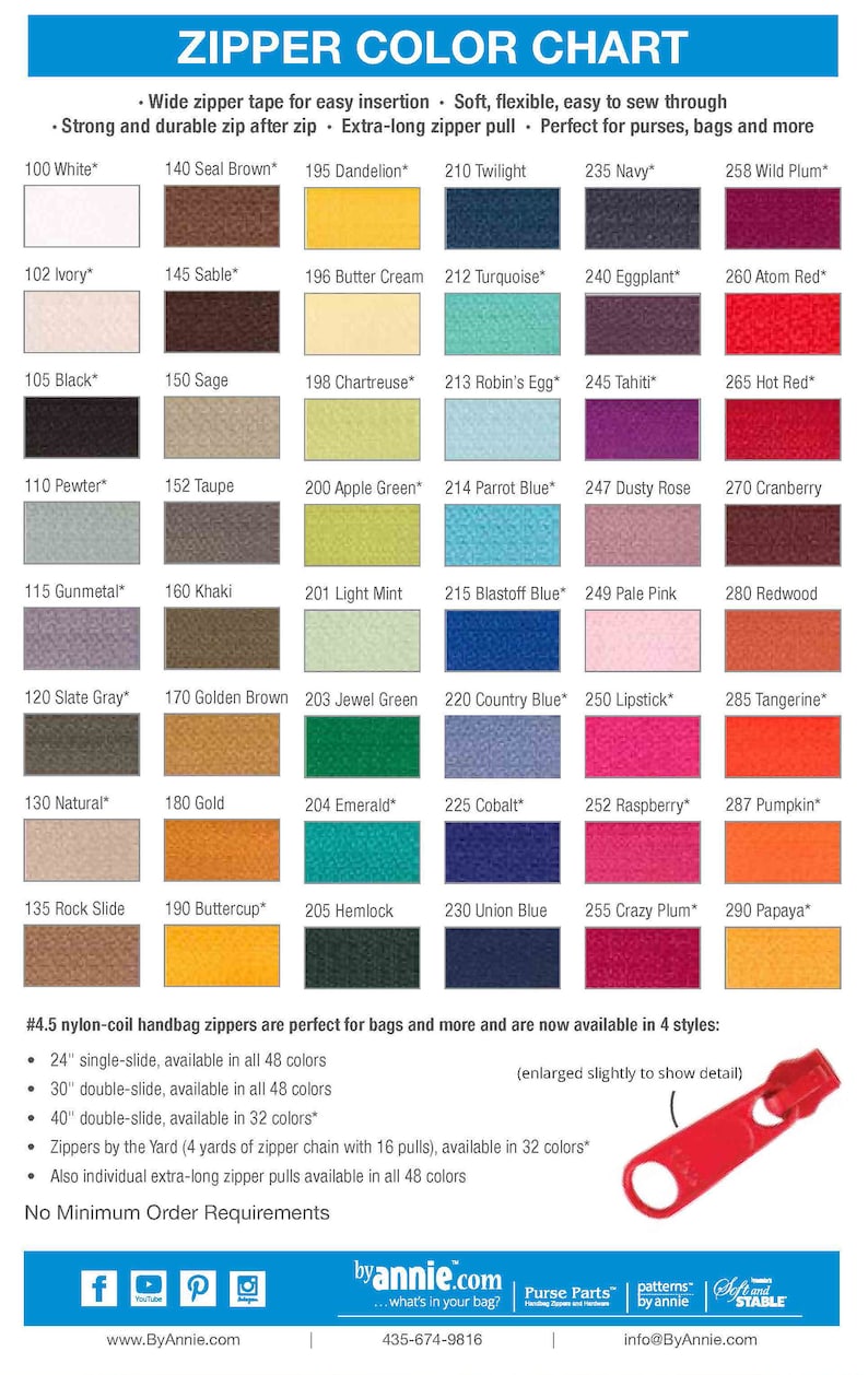 Pode incluir: Uma tabela de cores que mostra 48 cores diferentes de z&iacute;per. A tabela &eacute; dividida em linhas e colunas, com cada cor etiquetada com um n&uacute;mero e um nome. A tabela tamb&eacute;m inclui informa&ccedil;&otilde;es sobre os diferentes tipos de z&iacute;peres dispon&iacute;veis, como de uma s&oacute; corredi&ccedil;a, de duas corredi&ccedil;as e z&iacute;peres por jarda. A tabela &eacute; intitulada "Tabela de cores de z&iacute;peres".