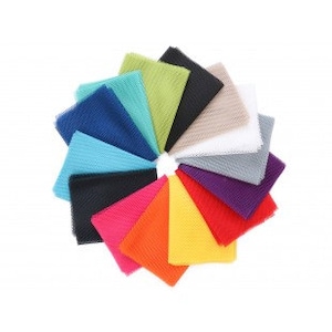 May include: A collection of 12 different colored tulle fabric squares arranged in a circle. The colors are teal, blue, green, black, beige, white, gray, purple, red, pink, orange, and yellow.