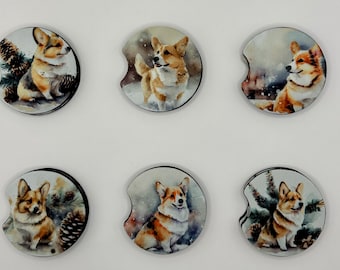 Snowy Corgi Car Coasters-Neoprene Coasters-Set of 2- Winter Corgi Coaster