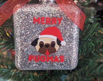 Merry Pugmas Glass 3 Inch Square Ornament - Pug Puggle Christmas Ornament