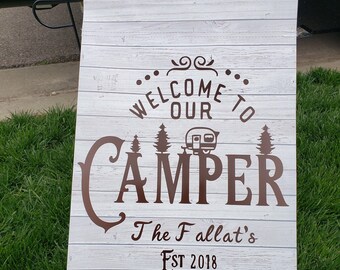 Personalized Welcome to our Camper flag- Vinyl Garden Flag - Faux Weathered Wood-Burlap-Chalkboard Camping Garden Flag