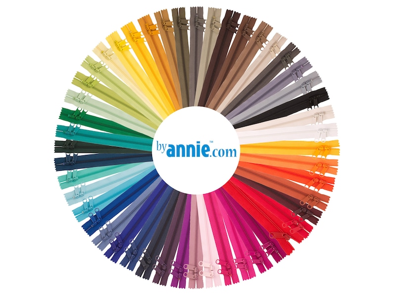 Pode incluir: Uma variedade de cores de fita de z&iacute;per dispostas em um c&iacute;rculo. A fita de z&iacute;per est&aacute; disposta em um padr&atilde;o de arco-&iacute;ris, com as cores come&ccedil;ando com o vermelho e terminando com o amarelo. A fita de z&iacute;per est&aacute; etiquetada com "by annie.com".