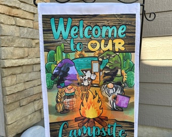 Welcome To Our Campsite Garden Flag- Gnome Camping Outdoor Flag