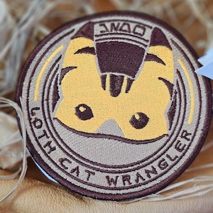 Space Cat Wrangler Patch |Cute Cat Embroidered Iron-On Patch|Sci-Fi Desert Creature Badge|Cosplay & Jacket Accessory | Rebels