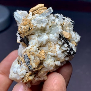 Blue Aquamarine crystals combine black tourmaline on feldspar matrix specimen,blue aquamarine crystal, aquamarine specimen ,anniversary gi