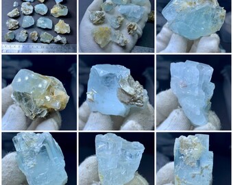 ブルーアクアマリン結晶、白雲母17標本ロット、原石アクアマリン