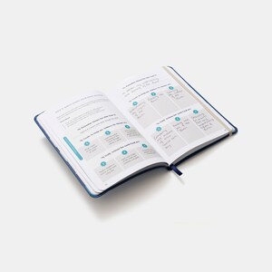May include: An open blue journal with a white interior. The pages are filled with handwritten notes and lists. The journal is titled "My Ramadan Themes for this year is..." and "My Daily Actions for each Goal are..."