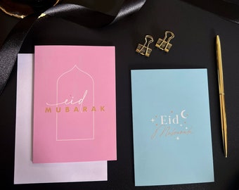 New Eid Mubarak Greeting cards - pink and blue typographic minimalist design