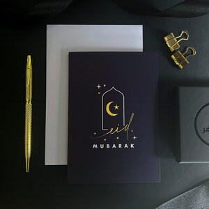 NOVO Navy Window Moon Star Gold Foiled A6 Cartões de felicitações Eid Mubarak