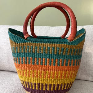 Bolga Korb Einkaufskorb Marktkorb , Shopper Tasche Einkaufstasche handgefertigt, Fairtrade, Afrika Korb, türkis, orange, gelb, Muttertag