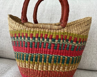 Bolga Korb, Einkaufskorb, Marktkorb, Seegras, Shopper, Tasche, Einkaufstasche, handgefertigt, Fairtrade, grün beige rot blau, Afrika Korb