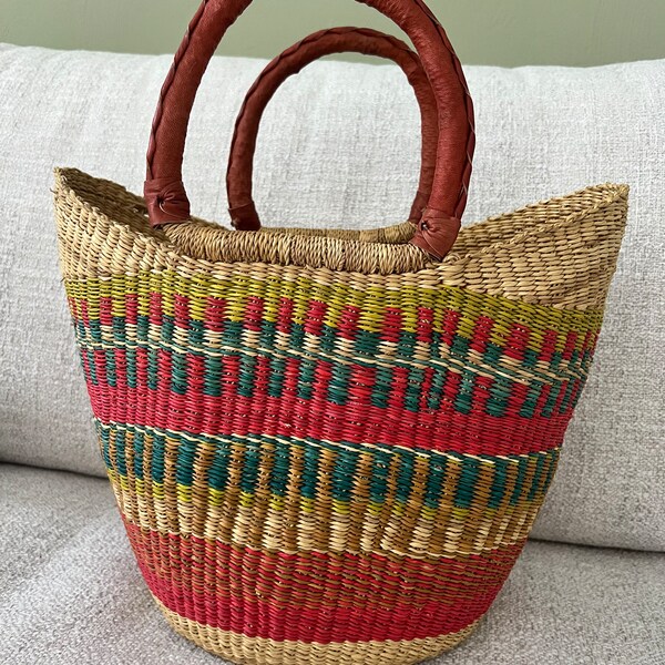 Bolga Korb, Einkaufskorb, Marktkorb, Seegras, Shopper, Tasche, Einkaufstasche, handgefertigt, Fairtrade, grün beige rot blau, Afrika Korb