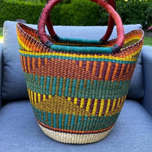 Bolga Korb, Einkaufskorb Marktkorb Seegras, Shopper Tasche Einkaufstasche handgefertigt,Fairtrade, Afrika Korb, gelb, grün, beige, Muttertag