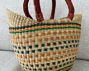 Bolga Korb, Einkaufskorb, Marktkorb, Seegras, Steppengras, Shopper, Tasche, Einkaufstasche, handgefertigt, Fairtrade, beige blau grün bunt