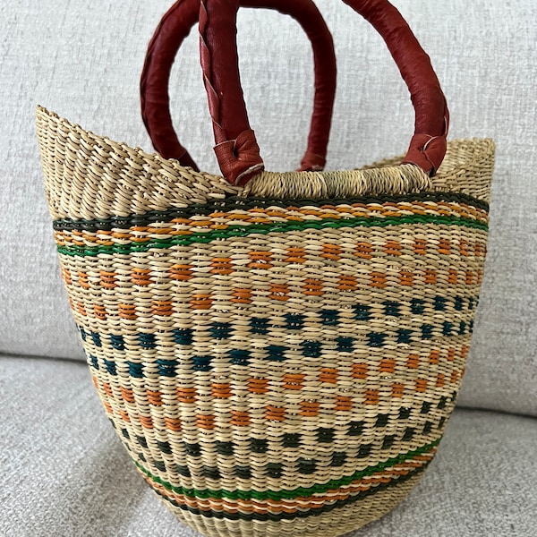 Bolga basket, shopping basket, market basket, seagrass, steppe grass, shopper, bag, shopping bag, handmade, fair trade, beige blue green colorful