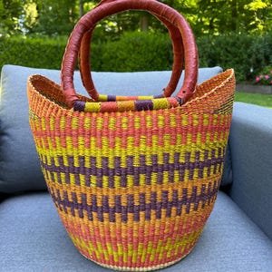 Bolga Korb Einkaufskorb Marktkorb, Seegras,  Shopper Tasche Einkaufstasche handgefertigt, Fairtrade, Afrika Korb, orange lila gelb Bolgakorb