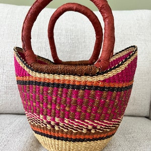 Bolga Korb, Einkaufskorb, Marktkorb, Seegras, Shopper, Tasche, Einkaufstasche, handgefertigt, Fairtrade, grün pink beige orange, Muttertag