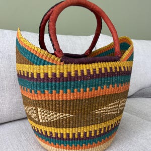Bolga Korb Einkaufskorb Marktkorb Seegras, Shopper Tasche, handgefertigt, Fairtrade, Afrika Korb, gelb, türkis, orange, lila, Muttertag