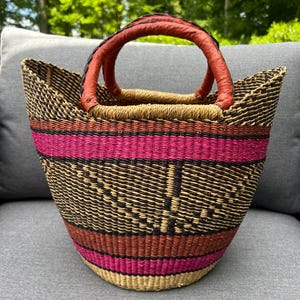 Bolga Korb, Einkaufskorb, Marktkorb, Seegras, Shopper, Tasche, Einkaufstasche, handgefertigt, Fairtrade, pink beige braun, Muttertag