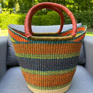 Bolga Korb Einkaufskorb Marktkorb, Shopper Tasche Einkaufstasche handgefertigt, Fairtrade, Afrika Korb, gelb, türkis, orange, lila,Muttertag