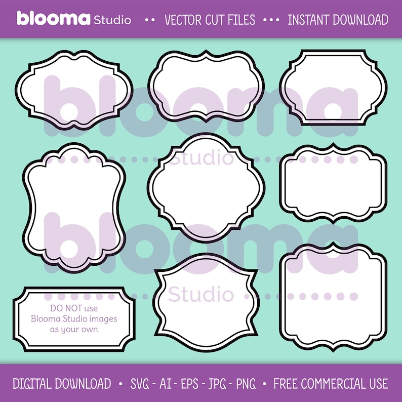 May include: Set of eight black and white frame outlines with a decorative design. The frames are on a light blue background.