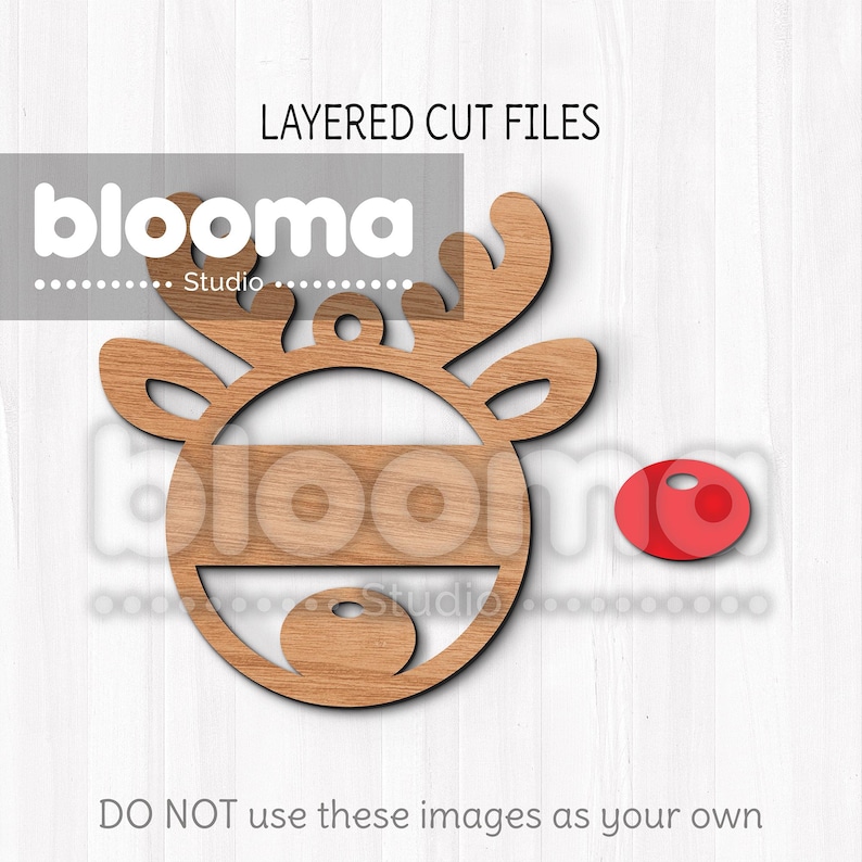 May include: Layered cut files for a wooden reindeer ornament. The ornament is brown and has a red nose. The text "blooma Studio" is visible in the image.