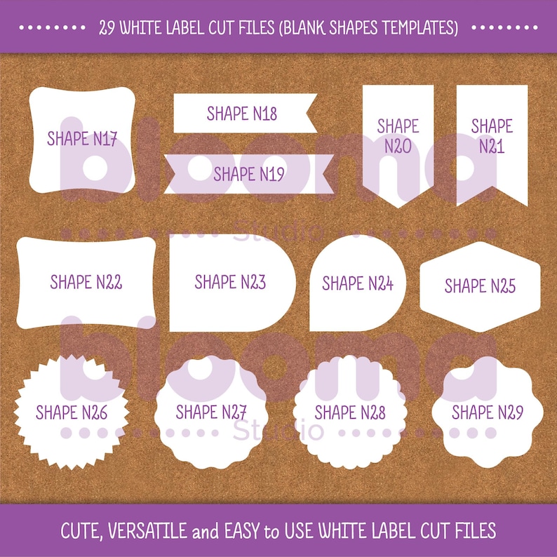 May include: 29 white label cut files in various shapes, including a square, rectangle, circle, star, and heart. The shapes are on a brown corkboard background.