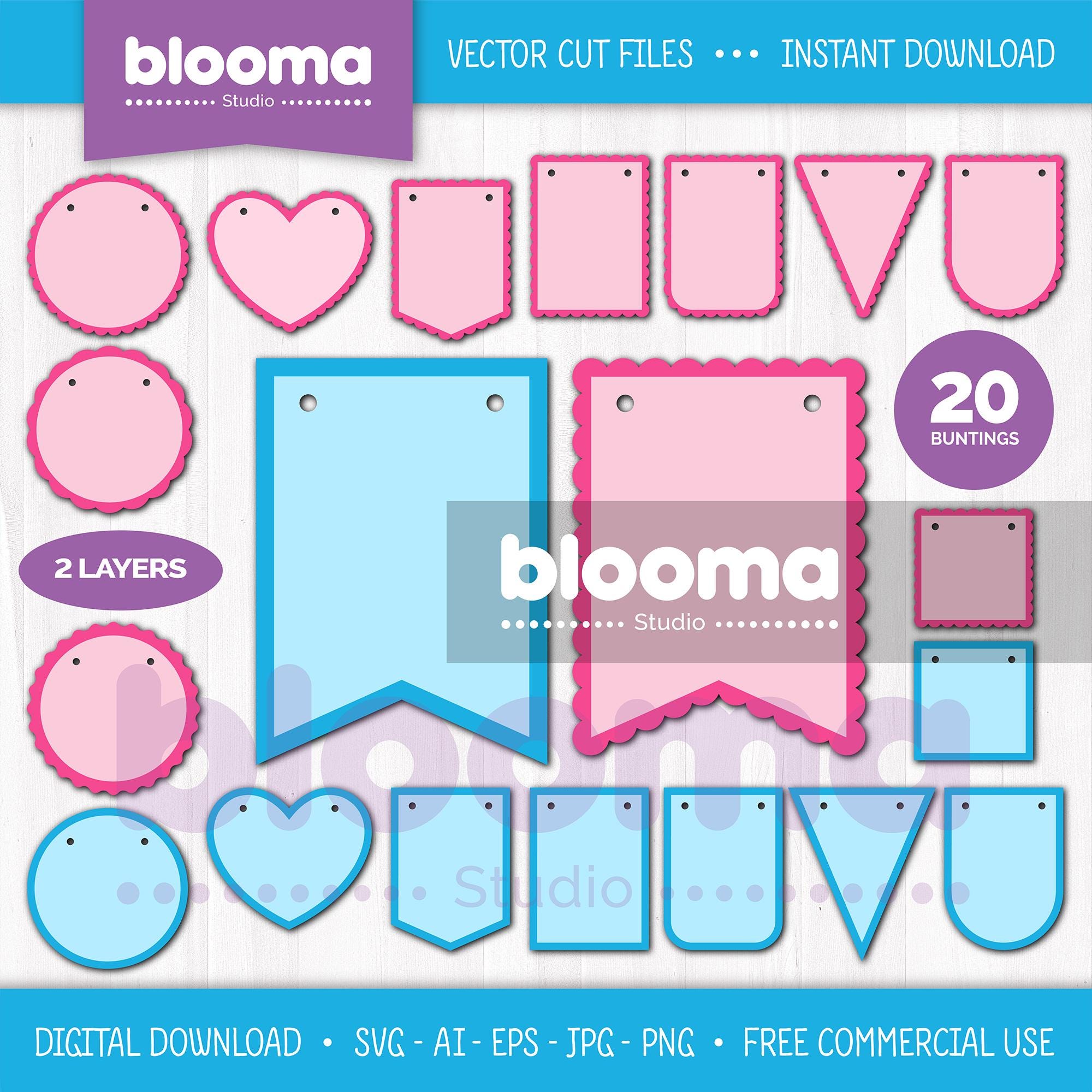 Bunting Banner SVG Bundle, 2 layers, Scallop banner svg, Bunting flags Birthday Garland, Laser cut files, Clipart PNG JPG Eps Commercial use