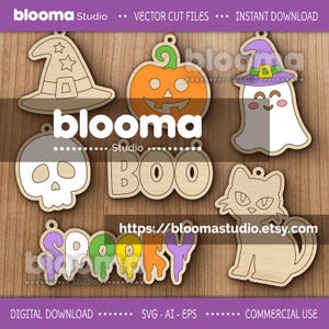 May include: Wooden Halloween-themed cutouts, including a witch's hat, jack-o'-lantern, ghost, skull, cat, and the word "BOO." The word "Spooky" is also present in a dripping font. The Blooma Studio logo and website address are visible.