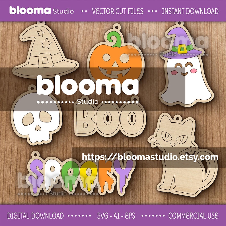 May include: Wooden Halloween-themed cutouts, including a witch's hat, jack-o'-lantern, ghost, skull, cat, and the word "BOO." The word "Spooky" is also present in a dripping font. The Blooma Studio logo and website address are visible.