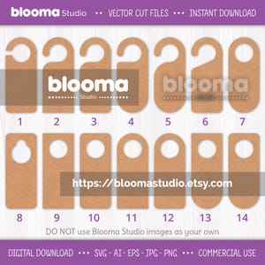 May include: A collection of fourteen brown door hanger designs in various shapes, including rectangular and rounded styles. The designs are labeled with numbers and feature a cutout for the door handle. The image includes the text "blooma Studio" and a website address.