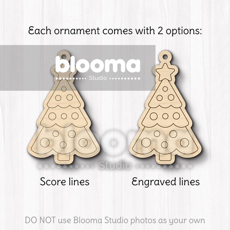 May include: Two wooden Christmas tree ornaments. One has score lines, the other has engraved lines. Each tree has a star or a loop at the top and circular cutouts. The text says "Each ornament comes with 2 options: Score lines, Engraved lines."