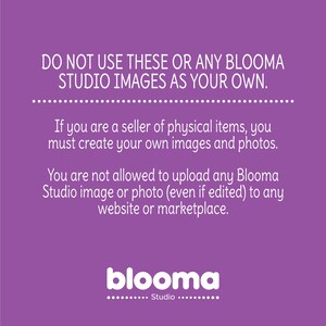 May include: Purple background with white text that reads "DO NOT USE THESE OR ANY BLOOMA STUDIO IMAGES AS YOUR OWN."  The text continues, "If you are a seller of physical items, you must create your own images and photos. You are not allowed to upload any Blooma Studio image or photo (even if edited) to any website or marketplace."  The text "blooma Studio" is at the bottom of the image.