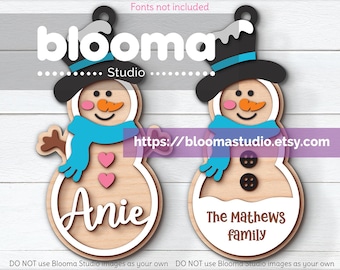 Snowman ornament Svg, Snowman name tag svg, Personalized Christmas ornament, Stocking tag svg, Laser cut files, Commercial use, Eps Png