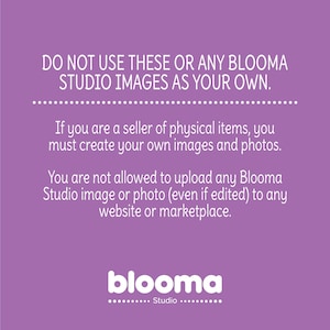 Pode incluir: Fundo roxo com texto branco que diz "N&Atilde;O USE ESTAS IMAGENS OU QUALQUER IMAGEM BLOOMA STUDIO COMO SUAS." O texto continua com "Se voc&ecirc; &eacute; um vendedor de itens f&iacute;sicos, voc&ecirc; deve criar suas pr&oacute;prias imagens e fotos. Voc&ecirc; n&atilde;o tem permiss&atilde;o para carregar nenhuma imagem ou foto do Blooma Studio (mesmo que editada) em nenhum site ou mercado." O texto "blooma Studio" est&aacute; na parte inferior da imagem.