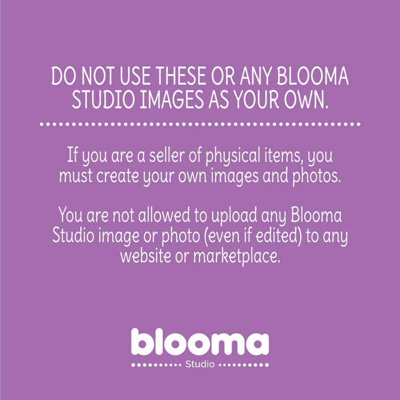 Pode incluir: Fundo roxo com texto branco que diz "N&Atilde;O USE ESTAS IMAGENS OU QUALQUER IMAGEM BLOOMA STUDIO COMO SUAS." O texto continua com "Se voc&ecirc; &eacute; um vendedor de itens f&iacute;sicos, voc&ecirc; deve criar suas pr&oacute;prias imagens e fotos. Voc&ecirc; n&atilde;o tem permiss&atilde;o para carregar nenhuma imagem ou foto do Blooma Studio (mesmo que editada) em nenhum site ou mercado." O texto "blooma Studio" est&aacute; na parte inferior da imagem.