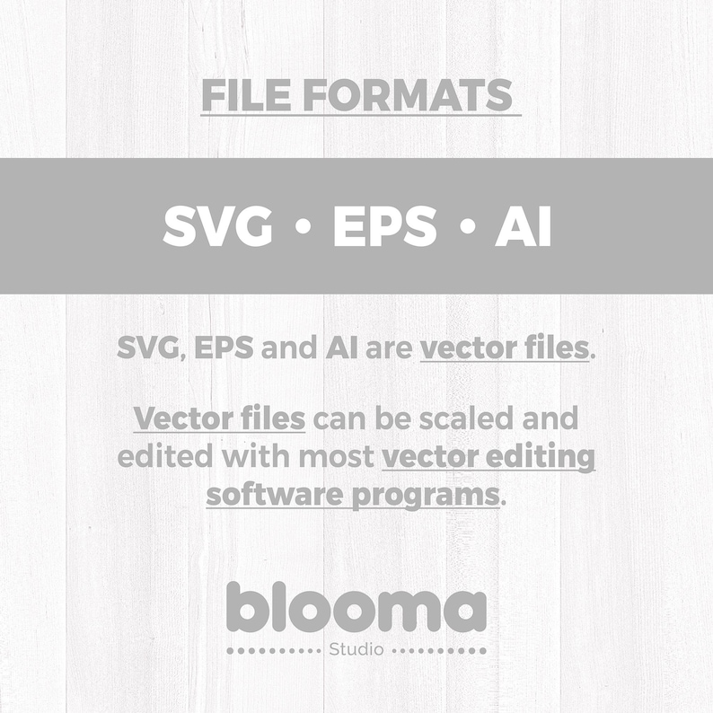 May include: A digital graphic displaying the text FILE FORMATS, followed by SVG, EPS, AI. Below this, the text states: SVG, EPS and AI are vector files. Vector files can be scaled and edited with most vector editing software programs. The logo blooma Studio is at the bottom.