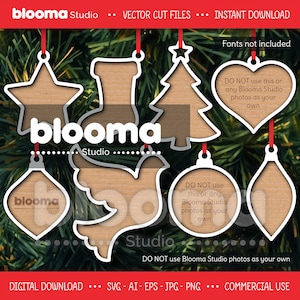 Christmas ornaments SVG, 2 Layer file, Ornament laser cut file, Frame ornament svg, Heart star dove tree, JPG PNG Ai Eps, Commercial use