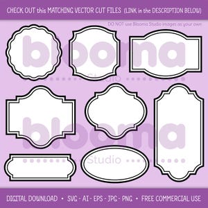 May include: Set of nine black and white frame outlines with scalloped, rounded, and rectangular shapes. The frames are on a light purple background. The text "Studio..." is inside one of the frames.