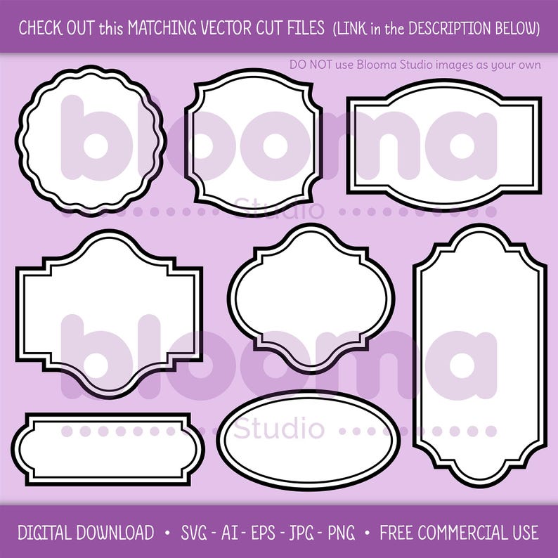 May include: Set of nine black and white frame outlines with scalloped, rounded, and rectangular shapes. The frames are on a light purple background. The text "Studio..." is inside one of the frames.