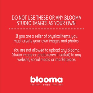Puede incluir: Fondo rojo con texto blanco que dice "NO UTILICE ESTAS IM&Aacute;GENES O CUALQUIER IMAGEN DE BLOOMA STUDIO COMO LAS SUYAS." El texto contin&uacute;a con "Si usted es un vendedor de art&iacute;culos f&iacute;sicos, debe crear sus propias im&aacute;genes y fotos. No est&aacute; permitido subir ninguna imagen o foto de Blooma Studio (incluso si est&aacute; editada) a ning&uacute;n sitio web, red social o mercado." El texto "blooma Studio" est&aacute; en la parte inferior de la imagen.
