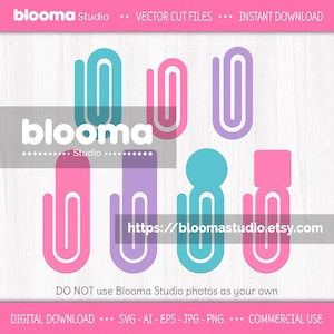 Puede incluir: Colección de archivos de corte vectorial con forma de clip en tonos rosa, azul y morado. La imagen incluye el texto "blooma Studio" y una dirección web. El diseño es para descarga digital y uso comercial.