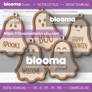 May include: Wooden ghost-shaped cut files with various phrases, including "Spooky," "Boo," "Welcome," and "Happy Halloween." The designs feature a light wood color with a darker wood outline, perfect for Halloween crafts. The image also includes the Etsy shop URL.