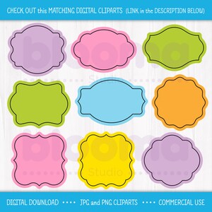 May include: Nine digital clipart frames in various colors, including purple, pink, green, blue, orange, and yellow. Each frame has a black outline and a scalloped edge. The frames are perfect for adding a touch of whimsy to your digital designs.