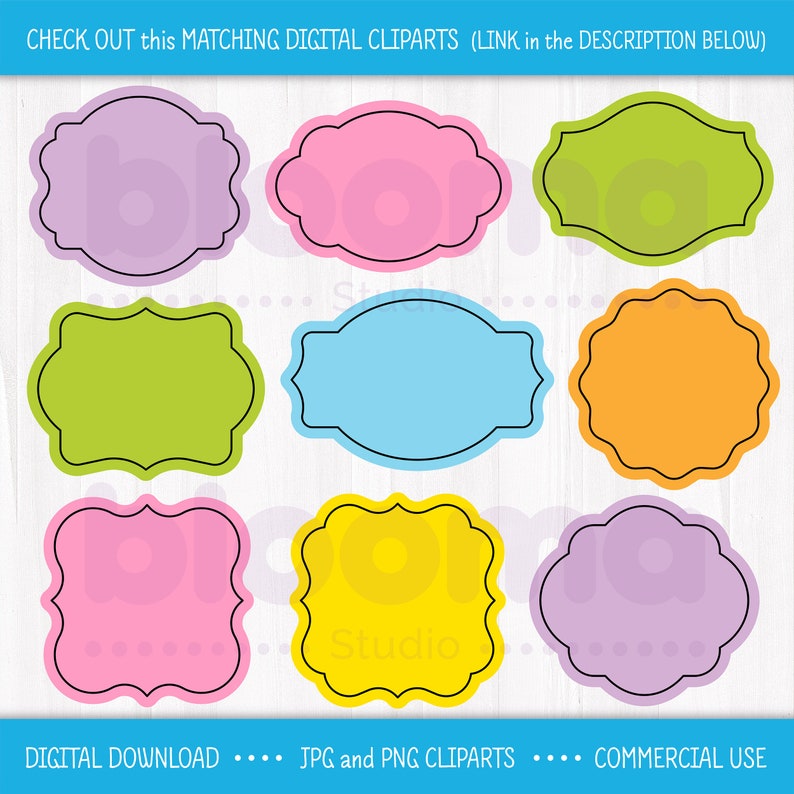 May include: Nine digital clipart frames in various colors, including purple, pink, green, blue, orange, and yellow. Each frame has a black outline and a scalloped edge. The frames are perfect for adding a touch of whimsy to your digital designs.